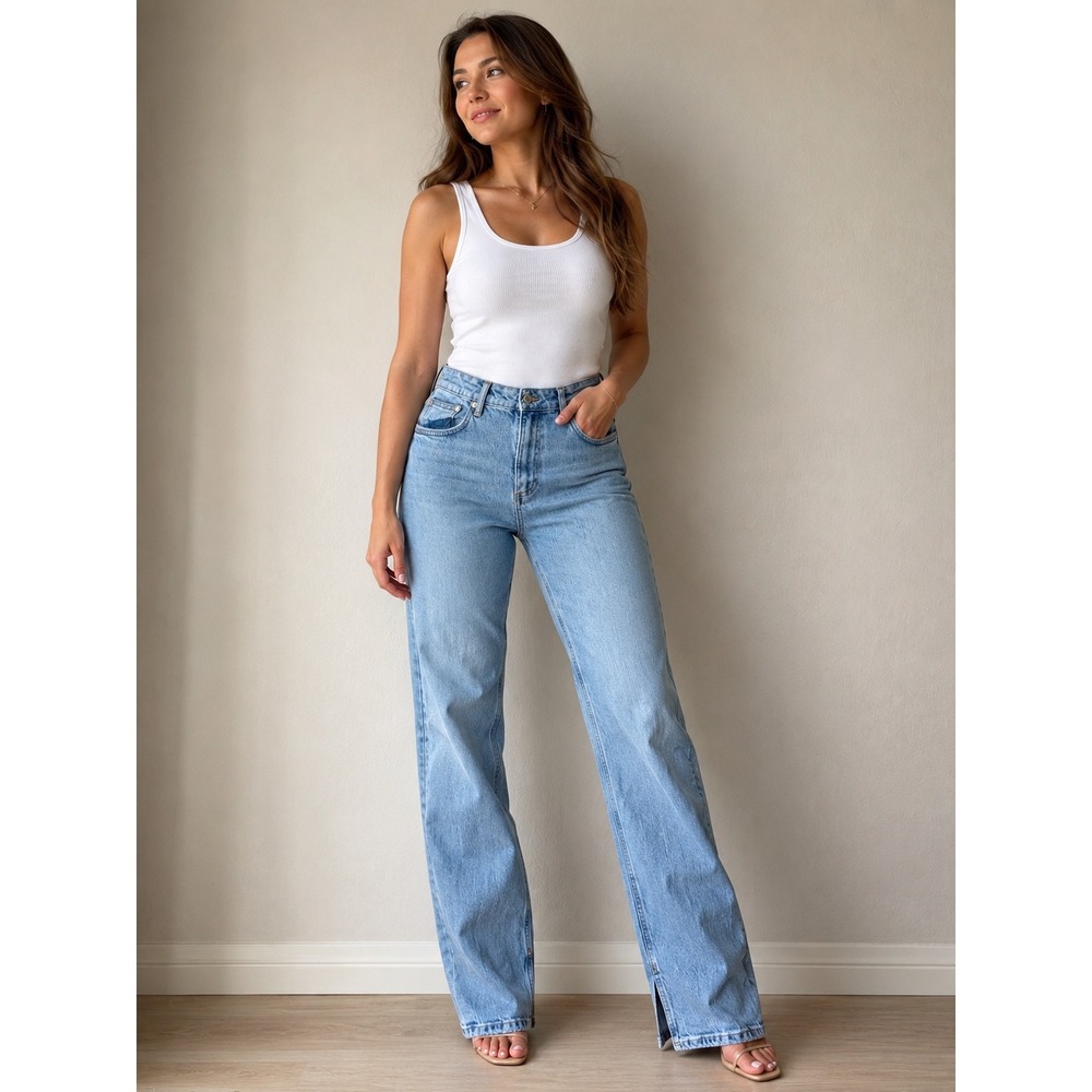 Zara Womens High Rise Straight Leg Light Wash Jeans Side Slit Raw Hem Size 6